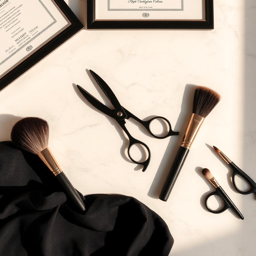 Elegant flat-lay of a professional hair colorist's tools and framed certifications