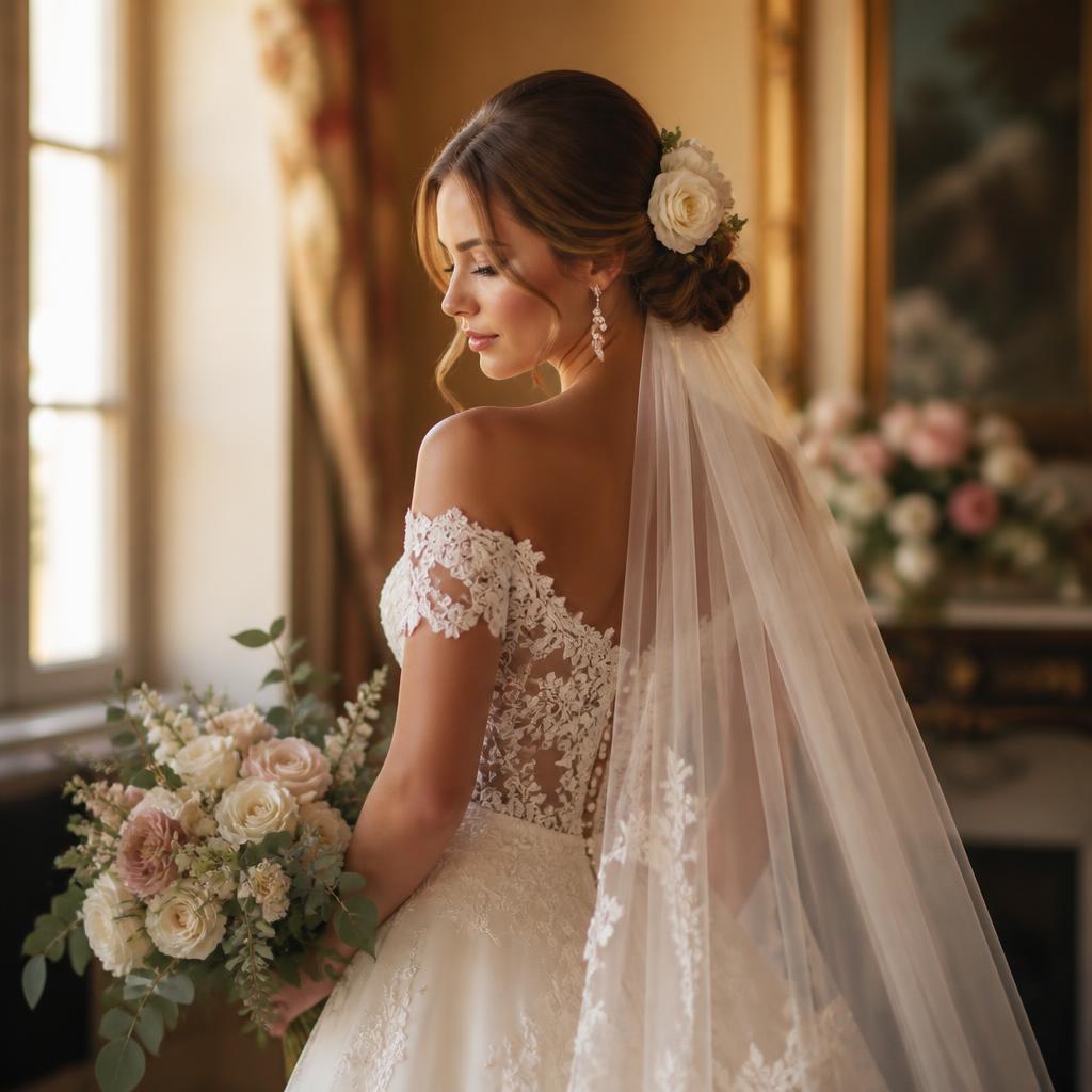 Bridal hair and makeup low chignon updo with veil at Rubio's Denver salon