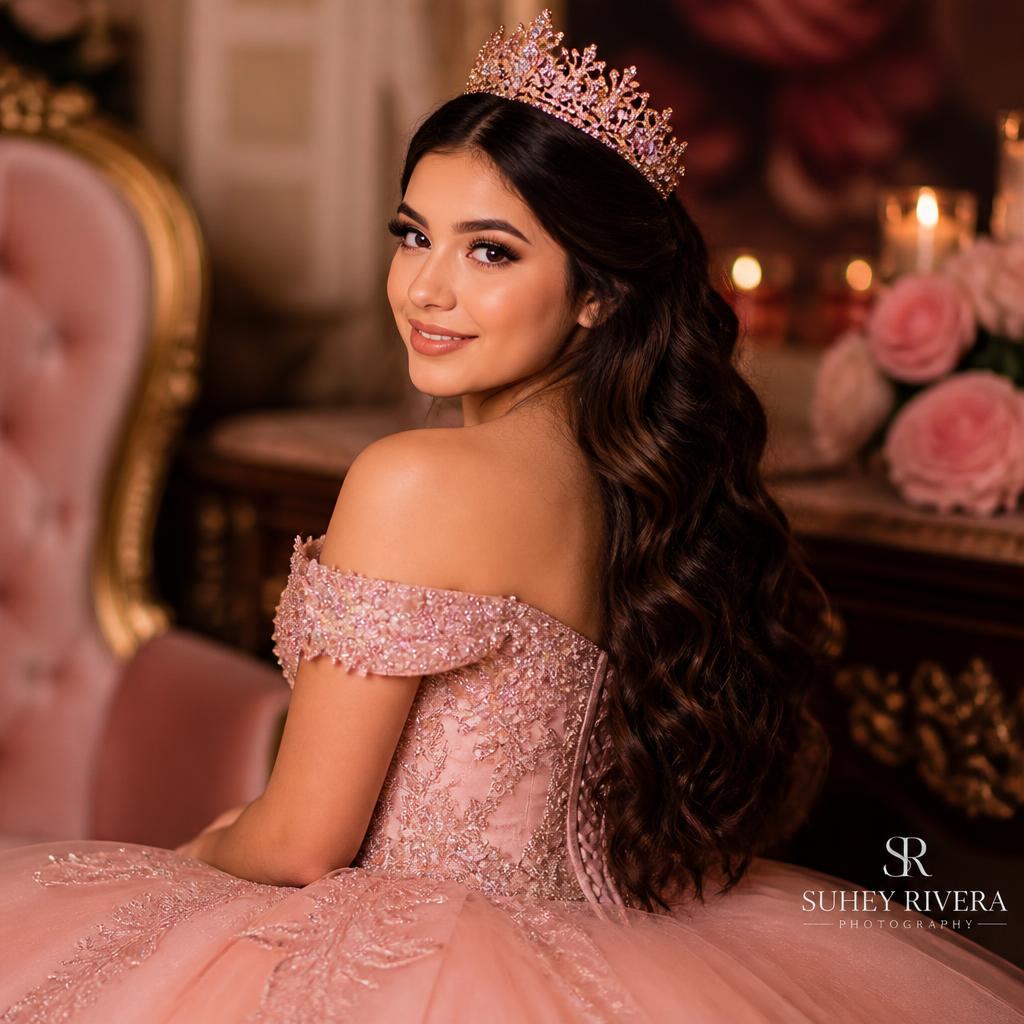 Quinceañera hair and makeup with tiara and polished waves at Rubio's Denver salon