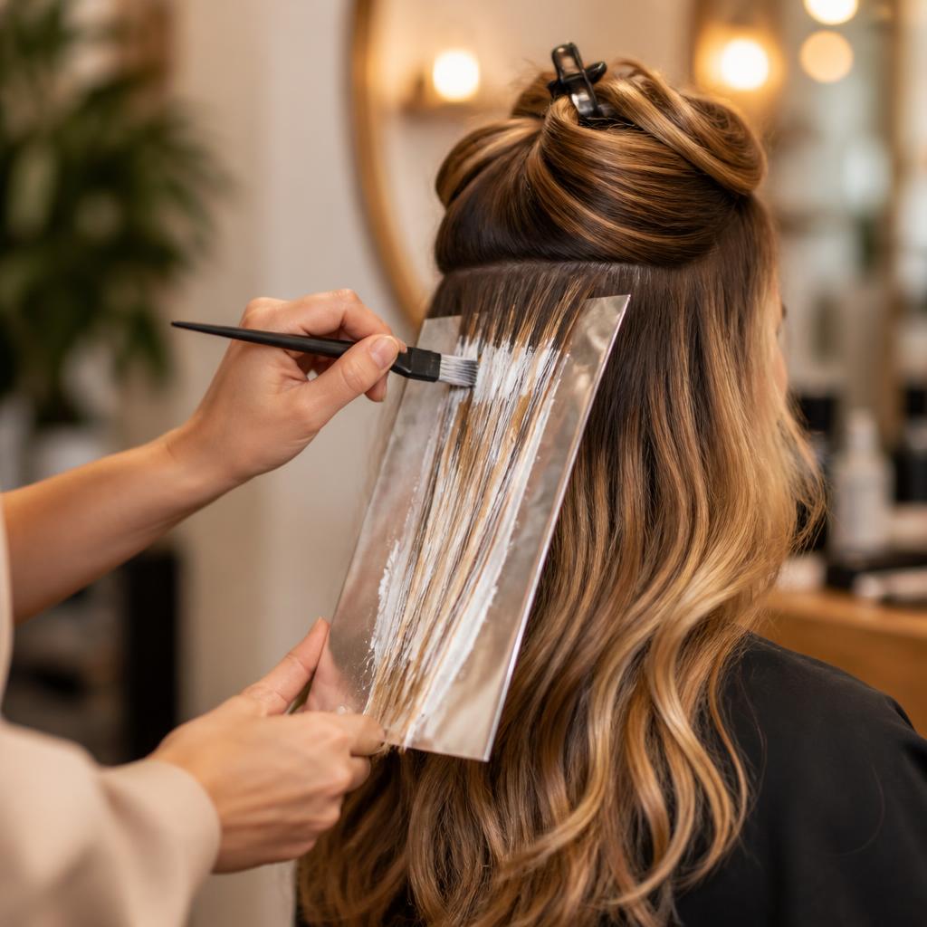 Balayage highlights being hand-painted at Rubio's Denver hair salon