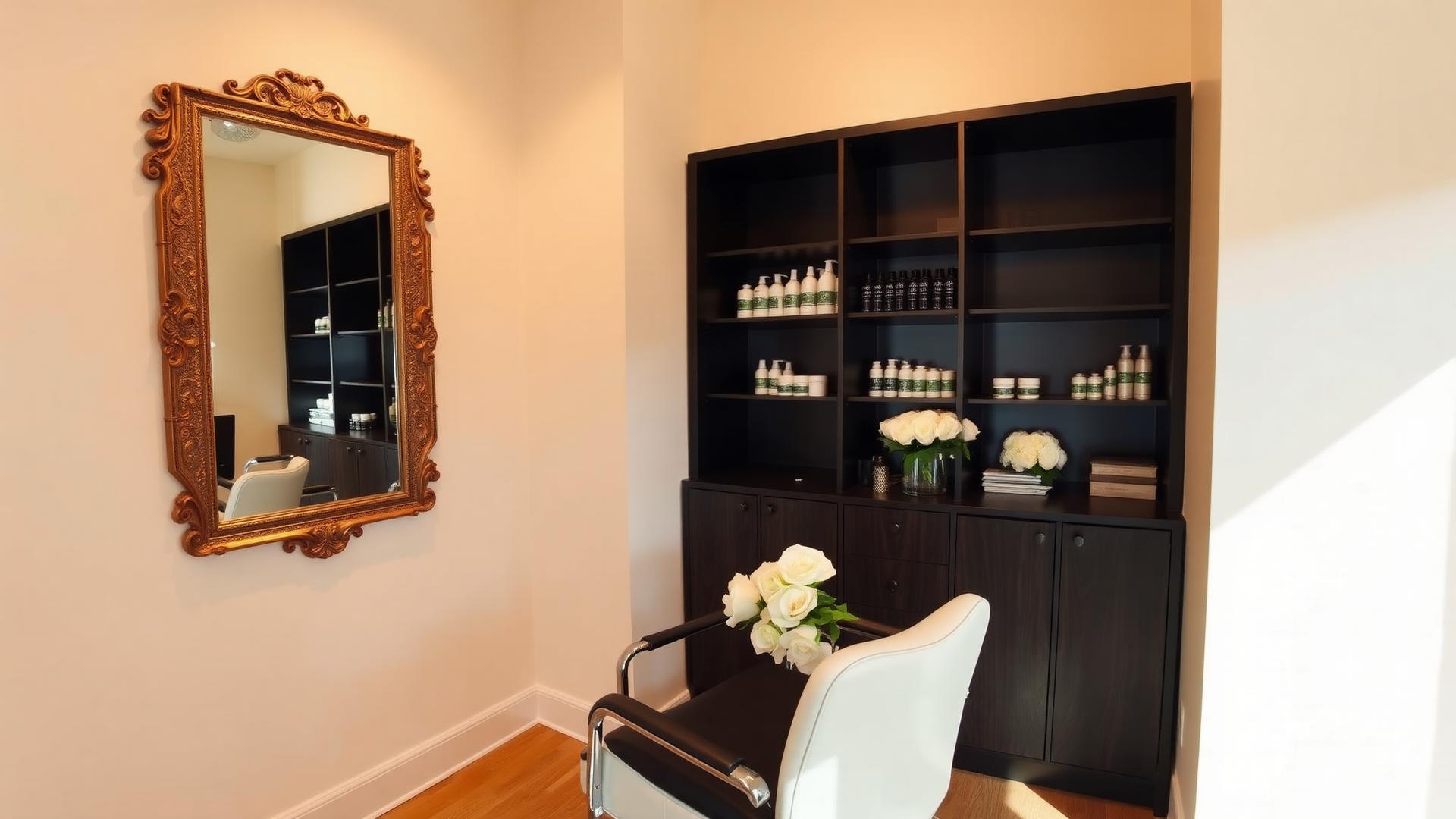 Interior of Rubio's Denver hair studio with warm daylight and premium hair care products