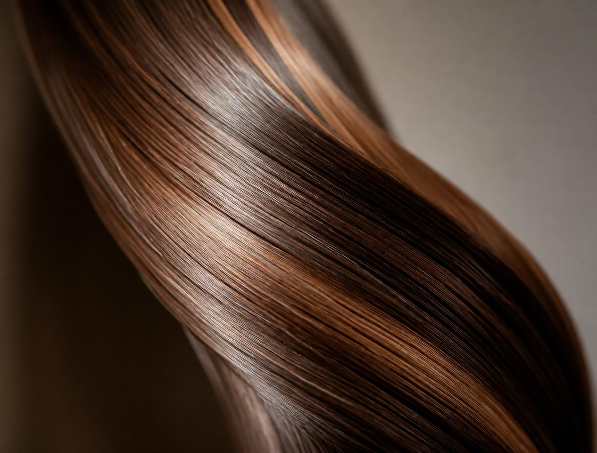 Professional stylist examining a client's healthy, shiny hair during a salon consultation